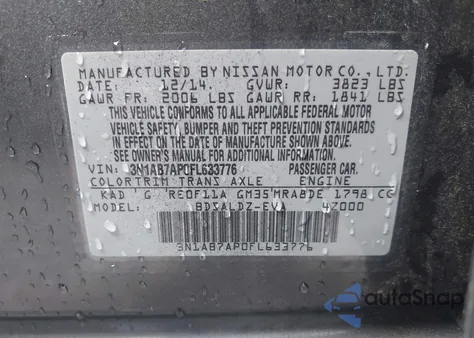 2015 Nissan Sentra Sv from USA, damaged, VIN 3N1AB7AP0FL633776
